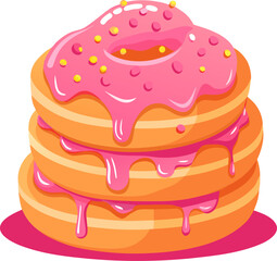 Stack of Golden Waffles Drizzled with Pink Icing and Sprinkles, Oozing Sweetness on a Vibrant Pink Background,