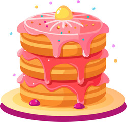 Stack of Golden Waffles Drizzled with Pink Icing and Sprinkles, Oozing Sweetness on a Vibrant Pink Background,