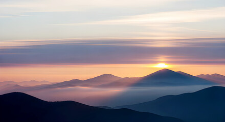 Serene Sunrise Over Misty Mountains with Soft Pastel Colors, Calm Nature Landscape Photo