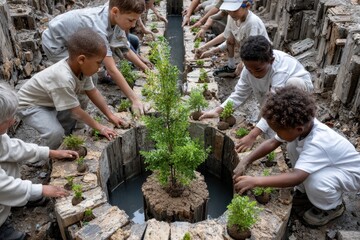 Children participate in a community gardening project for environmental awareness