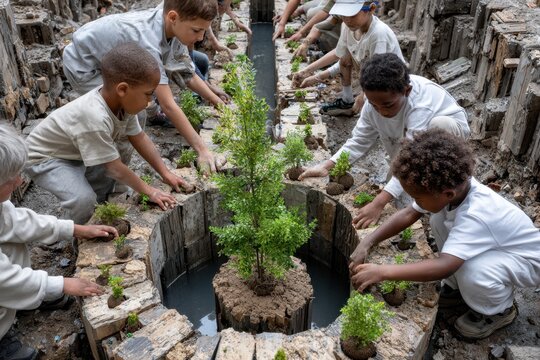 Children participate in a community gardening project for environmental awareness