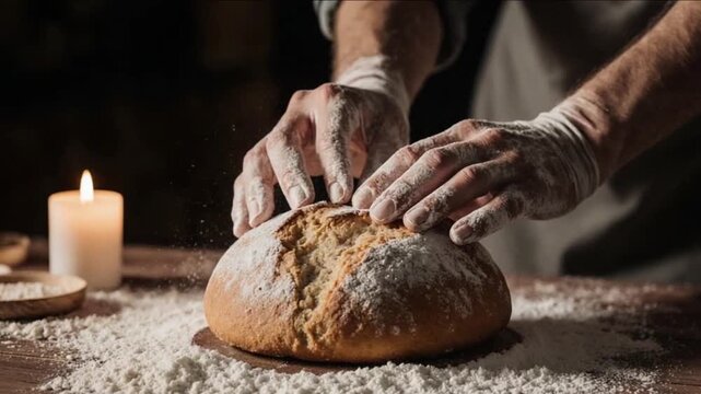 Baker's hands dusting flour on freshly baked bread loaf on a rustic wooden table
