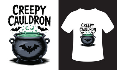 Spooky halloween t shirt design with a creepy cauldron and bats