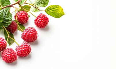 Raspberry twigs with green leaves, top view with copy space on white background