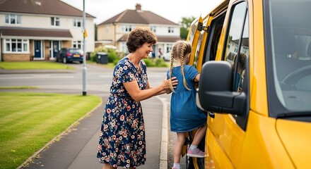 Female driver helping child into school van