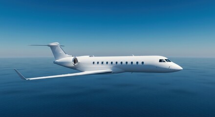 A pristine white private jet soaring over a vast, clear blue ocean.