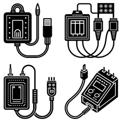Illustration showing various electronic devices and connectors including plugs and ports in black and white