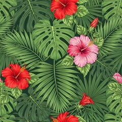 Lush Tropical Hibiscus and Palm Fronds Seamless Pattern, Vibrant Tropical Floral Design Featuring Hibiscus Flowers and Exotic Palm Leaves