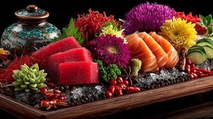 Luxurious Seafood Feast with Glistening Slices of Fresh Tuna