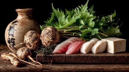 Minimalistic Seafood Arrangement with Herbs and Tofu Elements