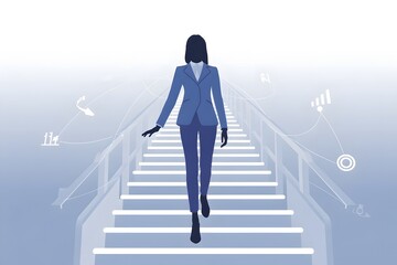 Confident businesswoman strides purposefully up a bright staircase, symbolizing career advancement and success with abstract data visualizations.