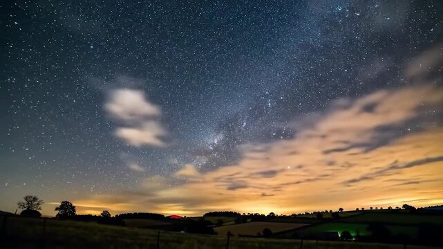 Night sky over landscape, dense stars, some clouds