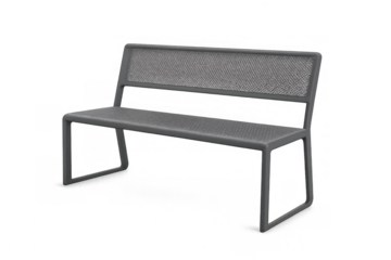 Studio shot of a gray metal outdoor bench isolated on a transparent background, ideal for architectural visualizations or design projects