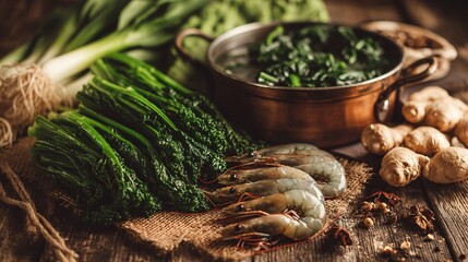Fresh Simple Seafood Dish with Ingredients on Rustic Wooden Table