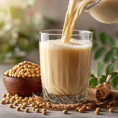 Creamy Soy Milk Poured into Glass with White Texture and Beans