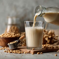 Creamy Soy Milk Poured into Glass with Smooth Texture and Freshness