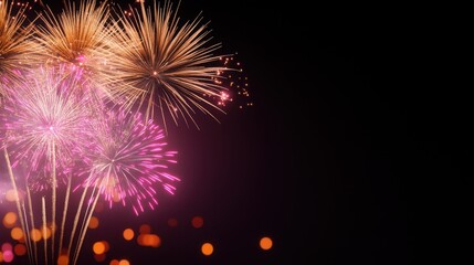 Vibrant fireworks burst against night sky with colorful sparkles