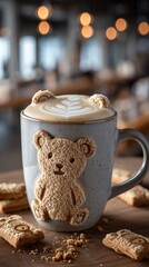 Cute Teddy Bear Latte Art with Graham Crackers and Coffee Mug