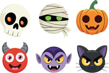 Cartoon Halloween character set with skull, mummy, pumpkin, devil, vampire, and black cat—playful vector icons for spooky celebration design projects