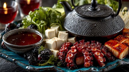 Traditional Japanese Shabu Shabu Spread with Vibrant Seafood Delights
