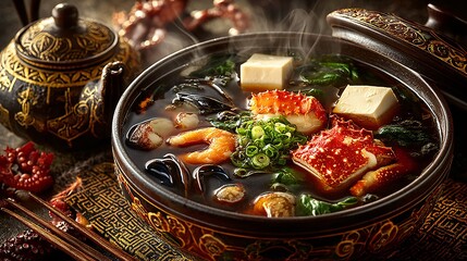 Traditional Japanese Shabu Shabu with Fresh Seafood and Vegetables