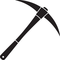 A black silhouette of a pickaxe tool with a wooden handle and two sharp pointed ends on a white background