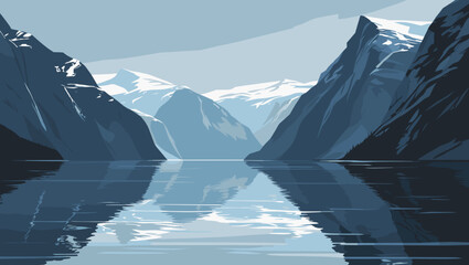 Calm fjord landscape with snow-capped mountains and serene water reflections in blue tones