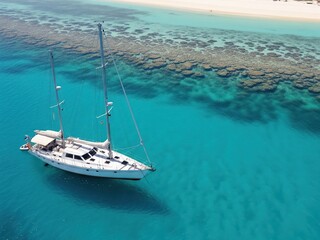 Side aerial view of a compact two-masted sailing vessel with all sails furled, resting in shallow turquoise waters near a coral reef and sandy shore.