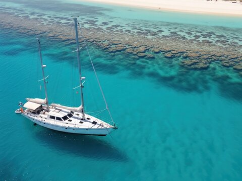Side aerial view of a compact two-masted sailing vessel with all sails furled, resting in shallow turquoise waters near a coral reef and sandy shore.