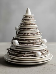 Modern Christmas tree: stacked ceramic plates, twigs, white ornaments, abstract pyramid, concrete.