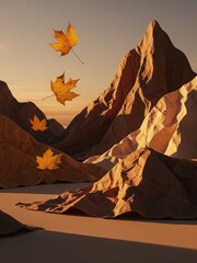 Crumpled paper mountains, golden leaves mid-air, soft sunset shadows. Conceptual autumn still life.
