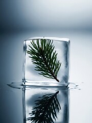Minimalist pine needle frozen in transparent ice, mirror surface, moody ambient reflection.