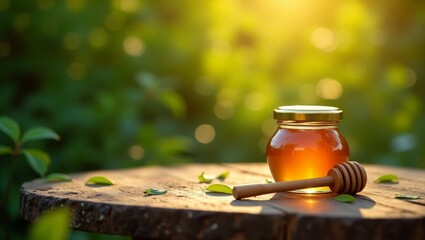 Glass Jar of Honey with Wooden Dipper on Rustic Table in Natural Outdoor Light
