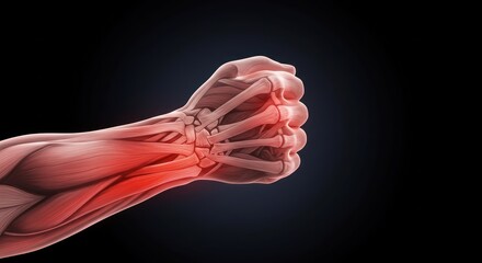 Anatomical illustration of a human fist, highlighting muscles and skeletal structure with pain.