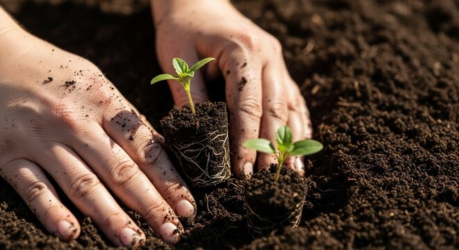 Hands gently planting young seedlings into fertile soil for a flourishing garden