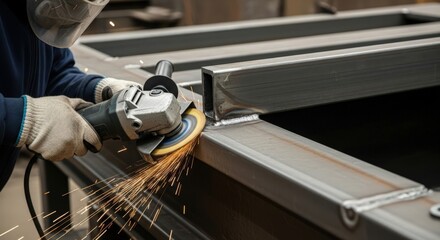 Professional mechanic grinding steel frame with grinding machine in factory sparks flying
