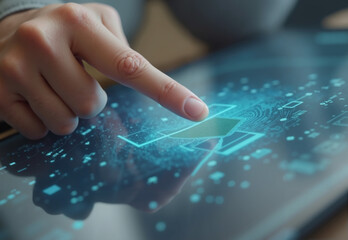 Hand interacting with a futuristic glowing blue interface on a tablet, representing data verification