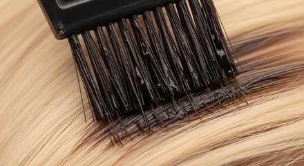 Professional brush applying dark dye to blonde hair during a salon beauty treatment