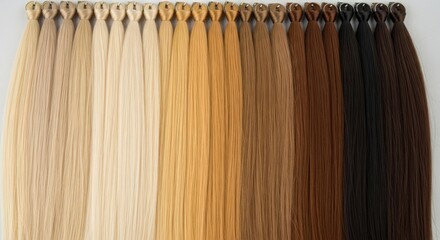 Palette of artificial hair strands in various shades for hairstyling