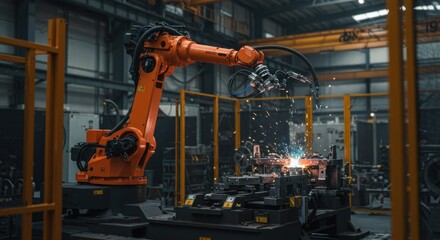 An orange robotic arm is welding metal in a factory setting, with sparks flying and a protective barrier in place.