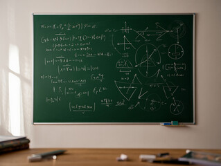 A chalkboard filled with complex mathematical equations and diagrams