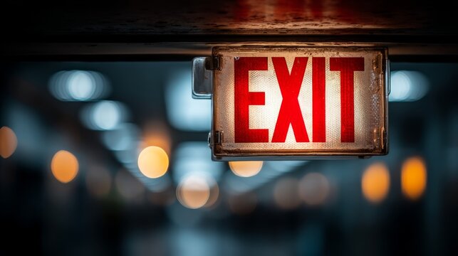 Illuminated red exit sign hanging indoors with blurred bokeh lights in the background.