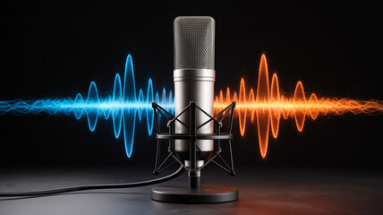A professional studio microphone on a black background with a dramatic audio wave visualization effect.