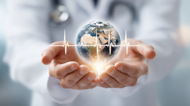 global health treatment policy. A doctor holds a glowing globe symbolizing global health and care.