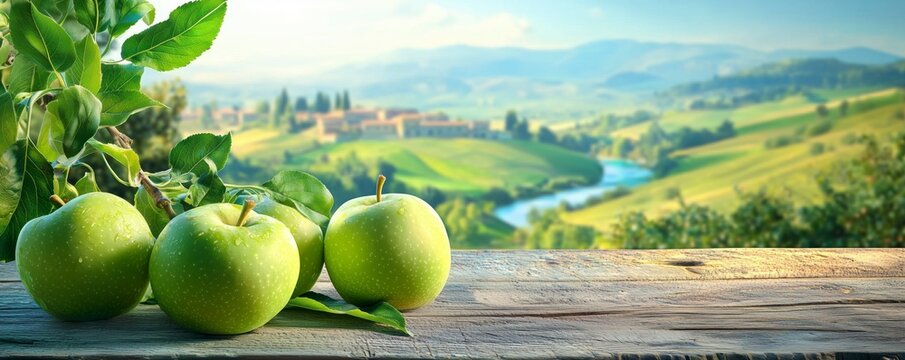 Fresh green apples on rustic wooden table, copy space