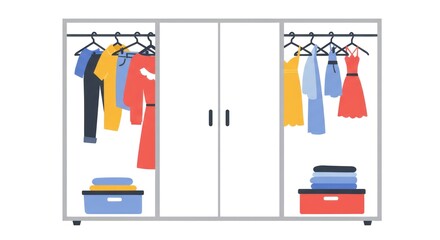 White wardrobe with various clothes hanging and folded neatly inside.