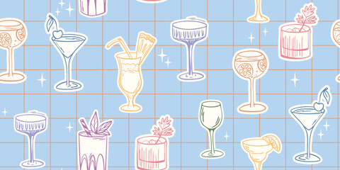 Colorful cocktail glasses seamless pattern with retro grid and hand drawn doodle style on blue background
