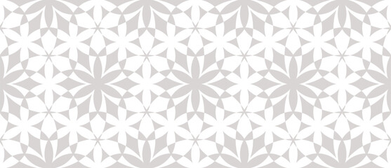 Grey and white vector geometric seamless pattern. Subtle abstract texture with flower silhouettes, mosaic. Elegant floral ornament background. Repeating geo design for decor, fabric, print, textile
