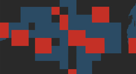 Abstract pixelated composition of red, blue, and black squares with a distorted map fragment.