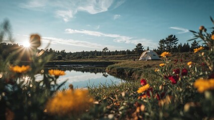 Serene camping by tranquil lake amidst wildflowers in stunning sunset landscape